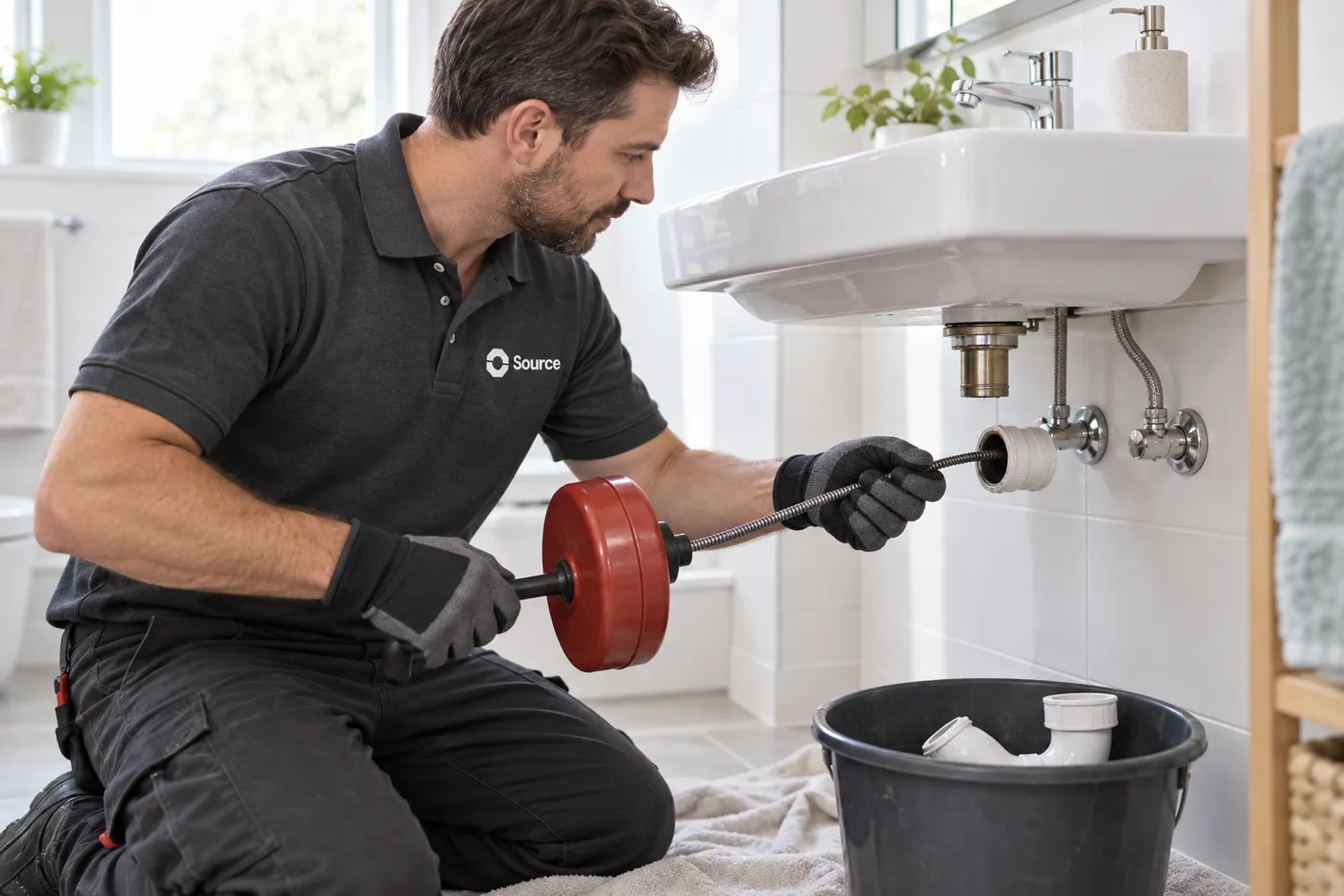 Plombier passant un furet dans l'évacuation d'un lavabo, siphon déposé dans un seau